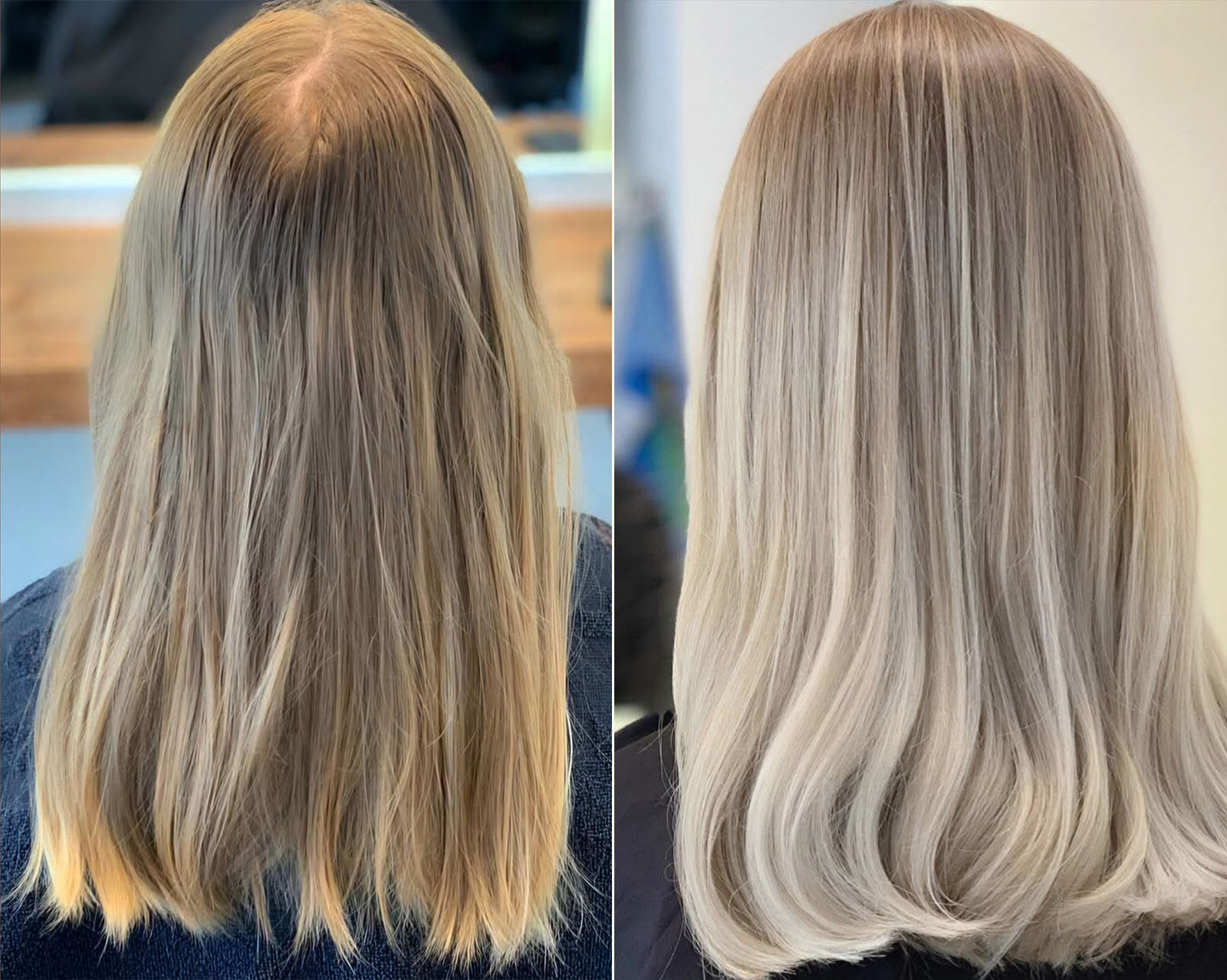 Färbetechniken Friseur Salon Julia Färbetechniken, Vorher-Nachher-Bild von Hinterkopf mit blonden langen Haaren, Friseur Salon Julia