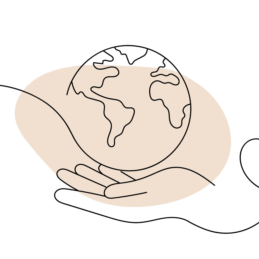 Grafik einer stilisierten Hand, die einen Erdball hält, Symbol für Umweltbewusstsein
